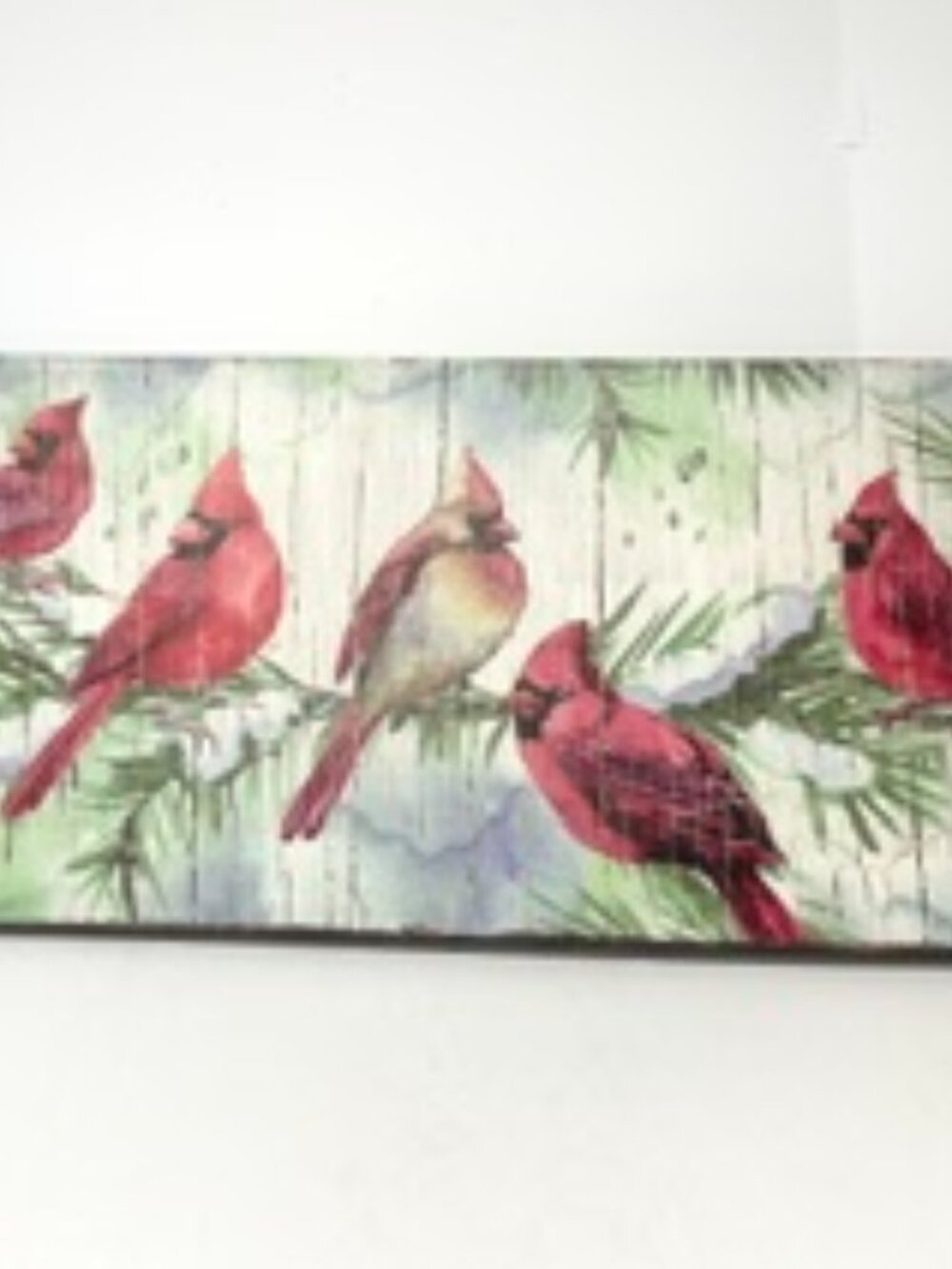 Cardinal print on hardboard, winter on a branch, red green white